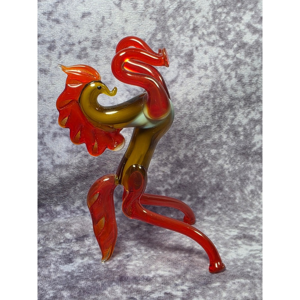Hand Blown Glass Horse Figurine Red Amber Art Glass Rearing Mythical Creature